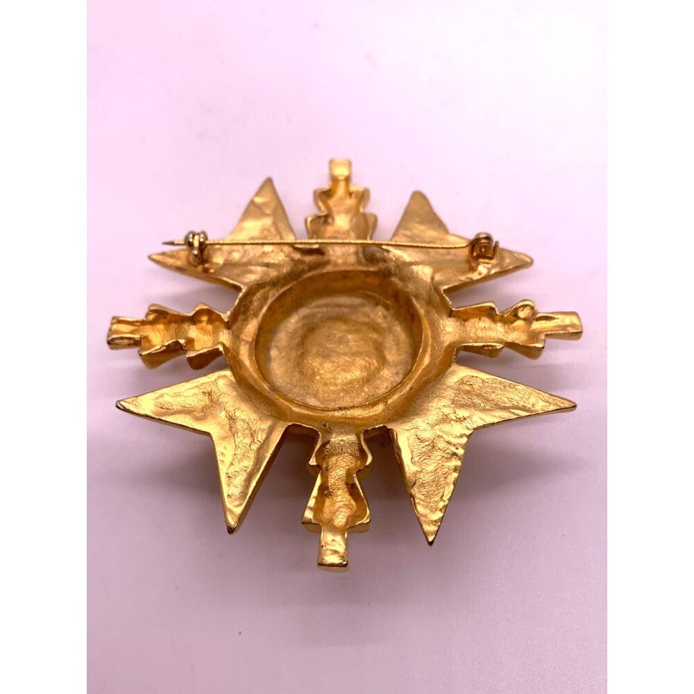 Maltese Cross (Mma?) Unique Gold Tone Center Rhinestone Black Enamel Brooch 2072 View 2